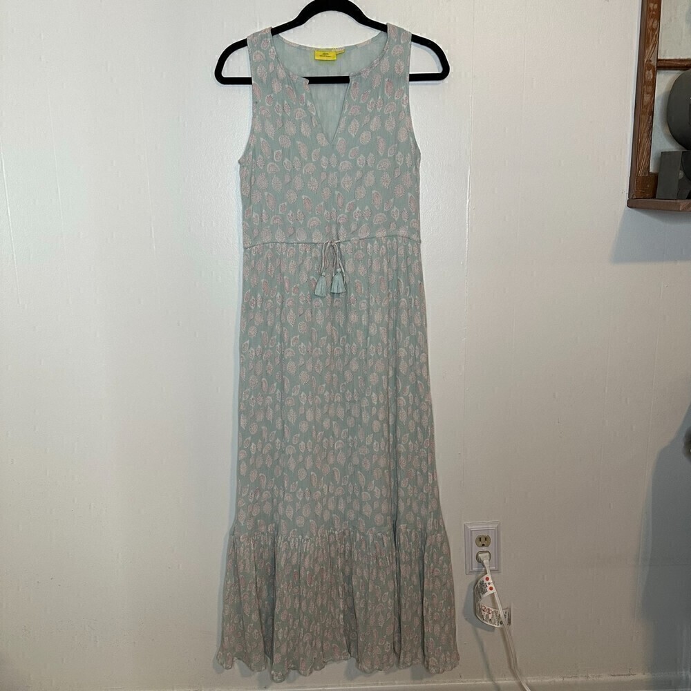 Roller Rabbit Seafoam Sleeveless Tie Waist Seashell Floral Maxi Dress XS